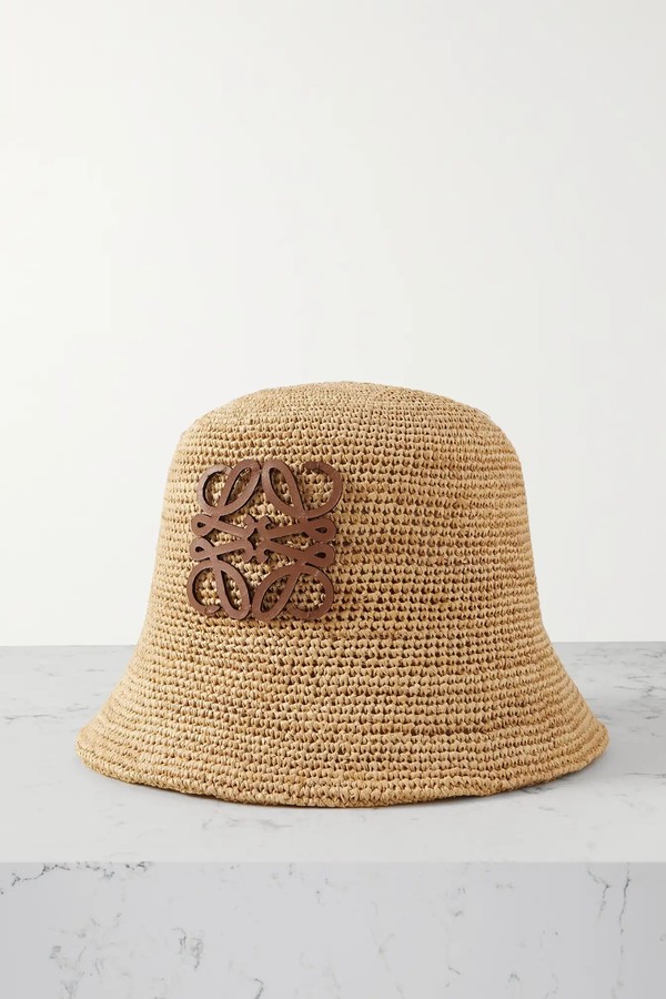 Paula’s Ibiza Leather-Trimmed Raffia Bucket Hat  from Loewe