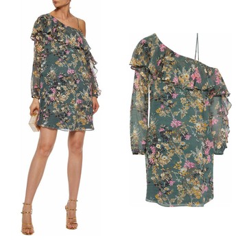 Asymmetric Ruffled Floral-Print Silk-Georgette Mini Dress from Haute Hippie