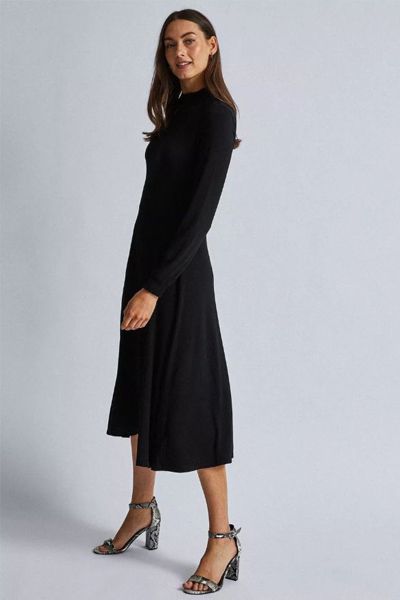 Plain Black Shirred Midi Dress