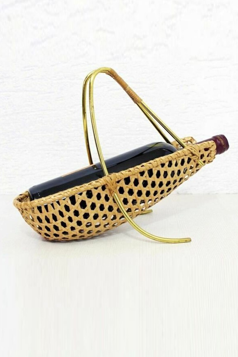 Vintage Brass & Wicker Bottle Holder In The Style Of Carl Aubock from Syn Brocante