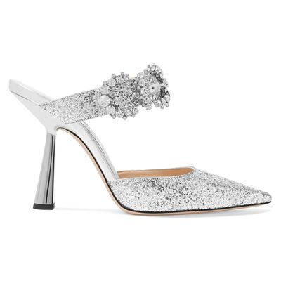 Smokey 100 Crystal-Embellished Glittered Leather Mules from Jimmy Choo