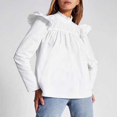 White Long Sleeve Poplin Smock Blouse