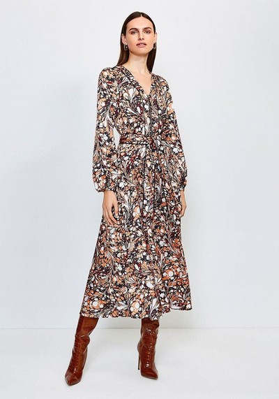  Textured Marble Print Midi Dress With Belt