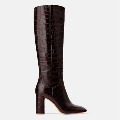 Animal Print Leather Heeled Boots from Zara