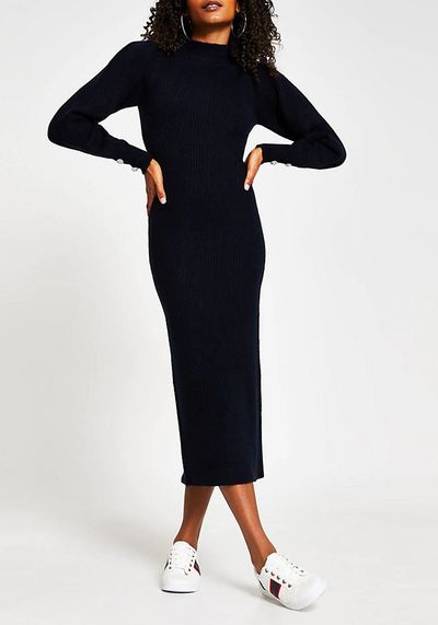 Navy High Neck Long Sleeve Midi Bodycon