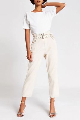 Cream Corduroy Tapered Belted Trousers