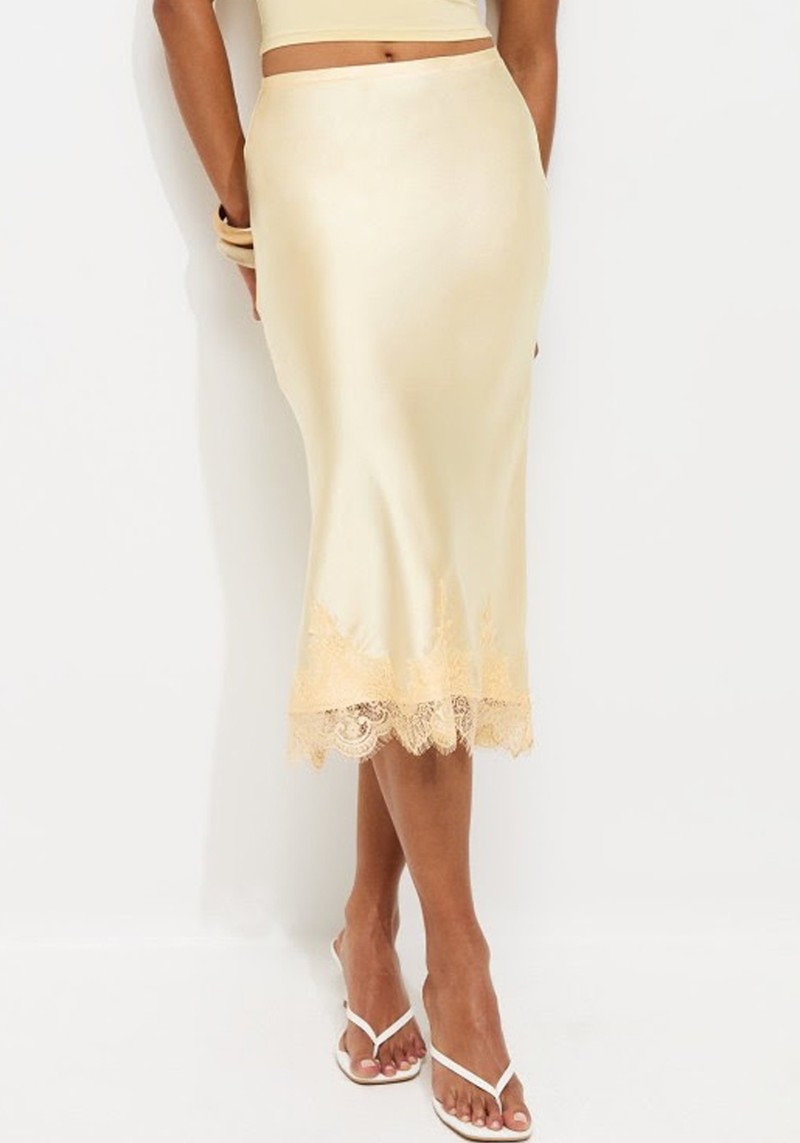 Satin Scalloped Lace Hem Midi Skirt* 