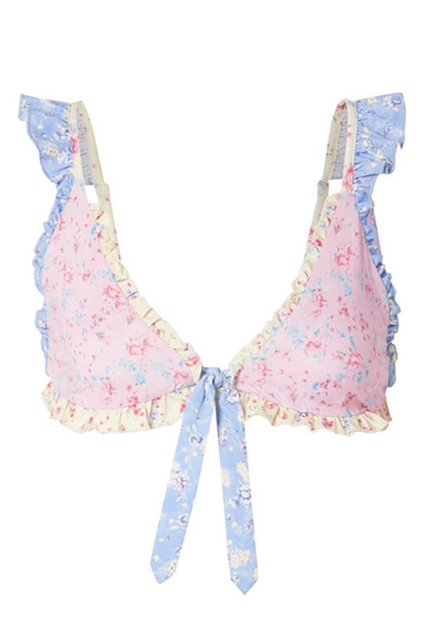 Claudia Ruffled Paneled Floral-Print Bikini Top from LoveShackFancy