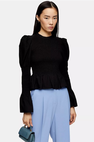 Black Plain Shirred Top