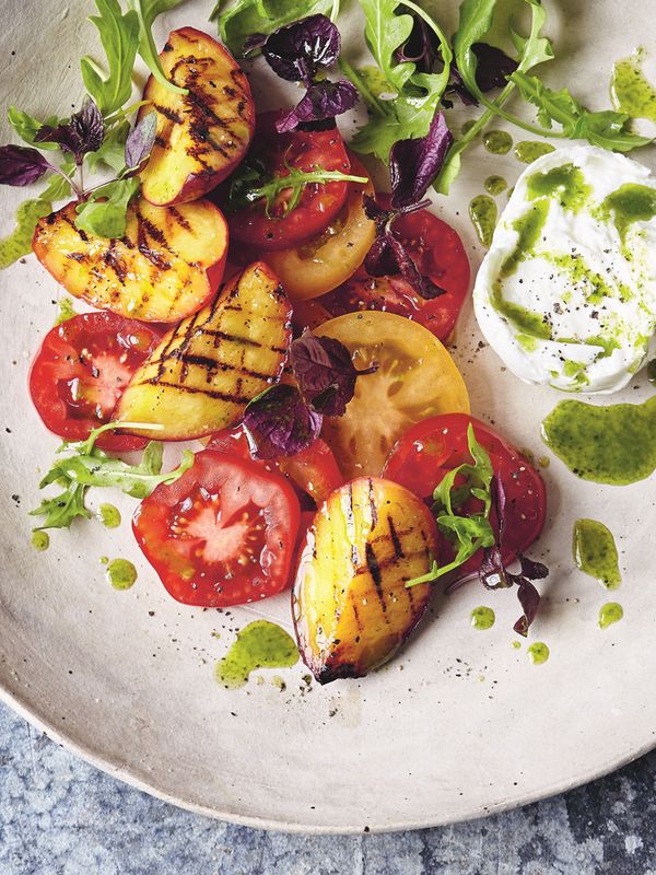 Tomato & Chargrilled Peach Salad With Buffalo Mozzarella & Basil-Oil Dressing 