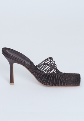 Brown Leather And Raffia Stretch Square Toe Sandals from  Bottega Veneta