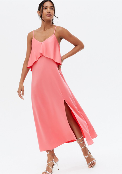 Coral Satin Lace Up Back Split Hem Midi Dress from New Look