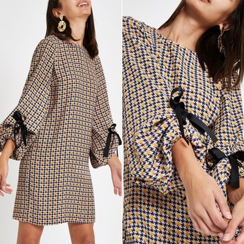 Yellow Check Long Sleeve Swing Dress