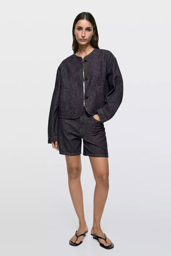 Short Cotton Blend Denim Jacket from Massimo Dutti