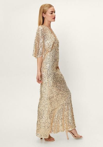 Sequin V Neck Angel Sleeve Maxi Dress