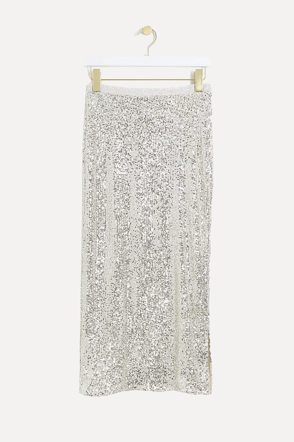 Silver Sequin Midi Skirt from River Island