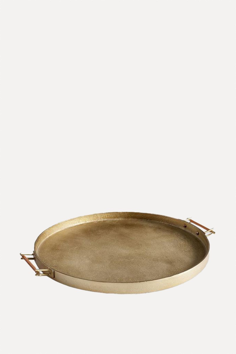Beltic Round Aluminium Tray With Leather Wrap Handles from Pottery Barn