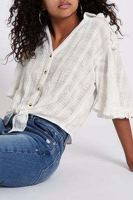 Cream Embroidered Tie Front Cropped Shirt