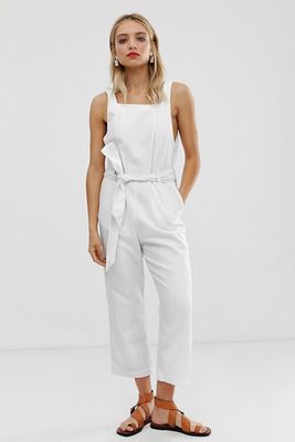 Denim Tie Front Square Neck Jumpsuit In Off White from Monki