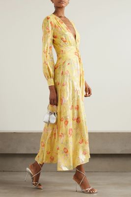 Meera Gathered Floral-Print Metallic Fil Coupé Silk-Blend Maxi Dress from RIXO