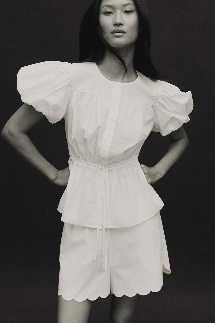  Pure Cotton Puff Sleeve Drawstring Waisted Top 