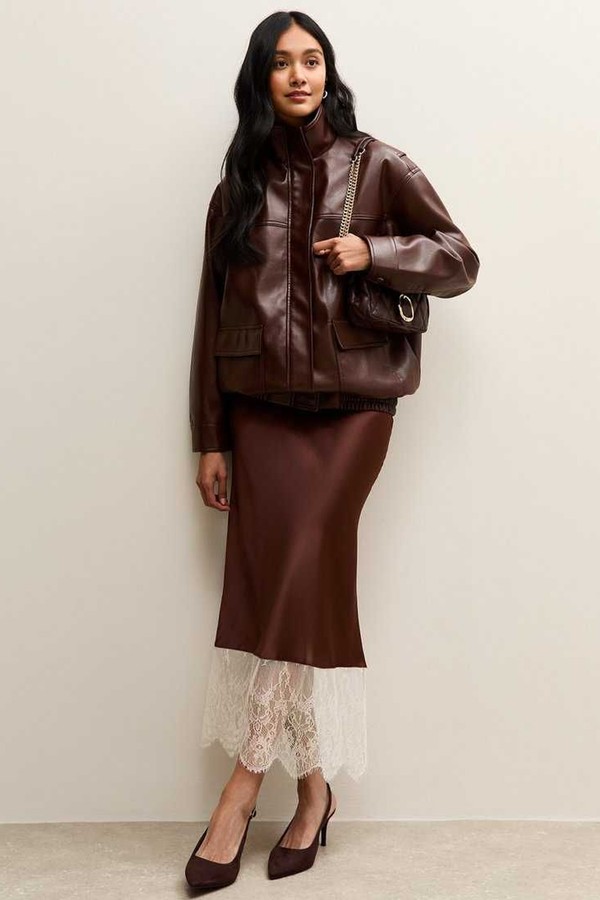 Satin Lace Hem Bias Cut Midi Skirt