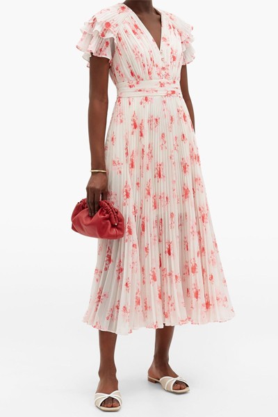 Pleated Floral-Print V-Neck Chiffon Midi Dress from Self-Portait