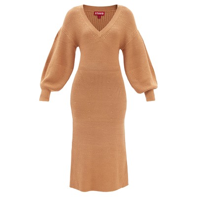 Carnation Lantern-Sleeve Ribbed Sweater Dress from Staud 