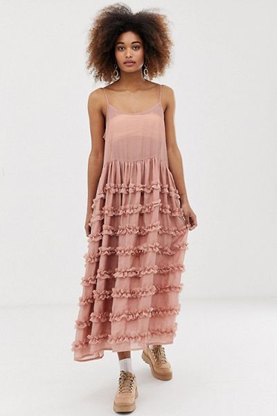 Midi Cami Dress with Full Tiered Ruffle Skirt