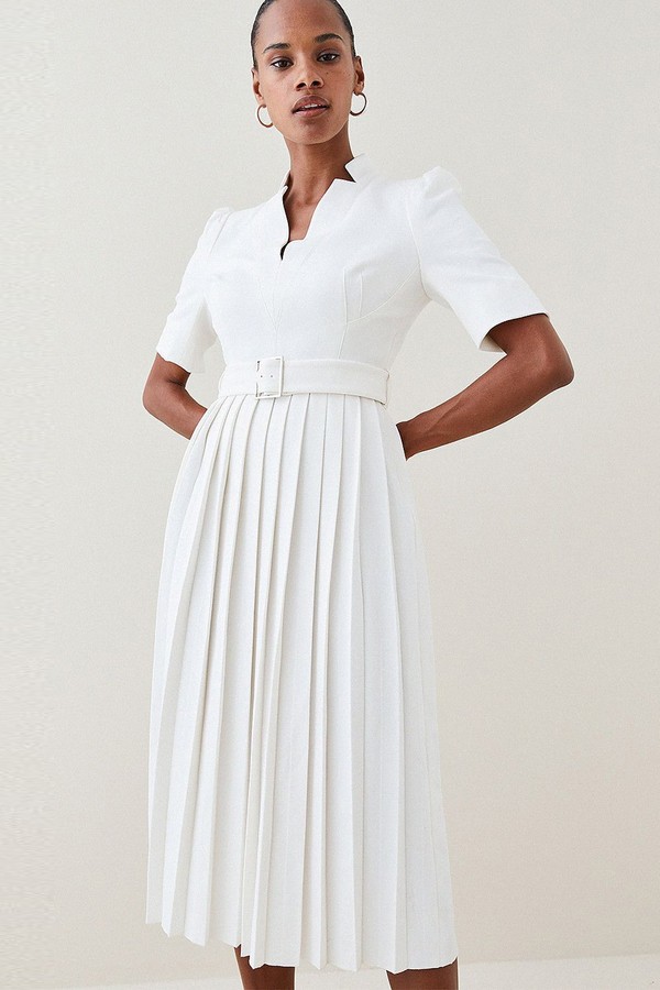 Structured Crepe Forever Pleat Belted Midi Dress from Karen Millen