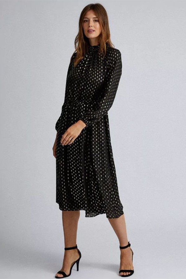 Black Foil Shirred Neck Midi Dress