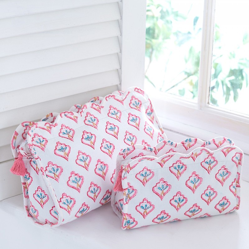 Pink Motif Block Printed Washbags Cosmetic Bag from Cologne & Cotton