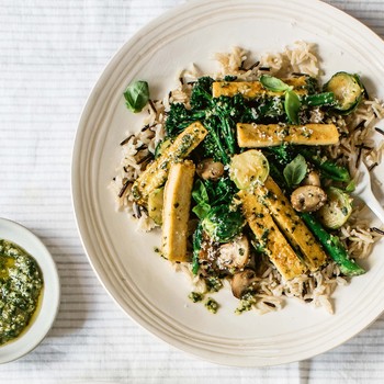 Sautéed Brussels Sprouts & Broccolini With Pesto & Wild Rice