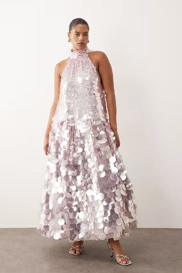 Curve Disc Sequin Halter Trapeze Maxi Dress from ARRANGE