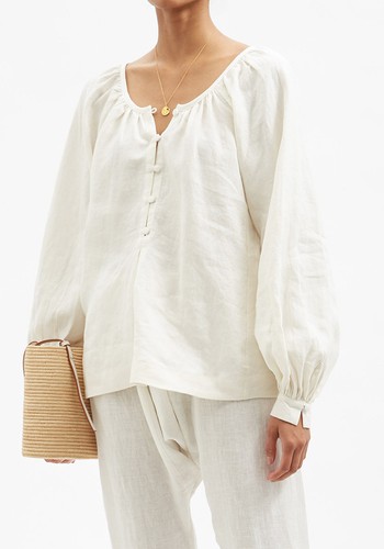 Amangansett Balloon-Sleeve Linen Blouse from Fil De Vie