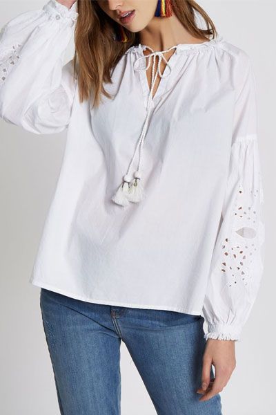 Tassel Detail Broderie Sleeve Top