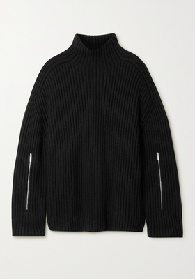 Zip-Detailed Ribbed-Knit Turtleneck Sweater from Michael Michael kors