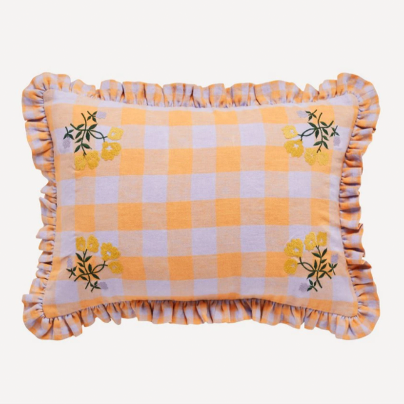 Leinikki Embroidered Gingham Frill Cushion from Projektityyny