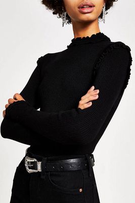 Black Ribbed Long Sleeve Frill High Neck Top