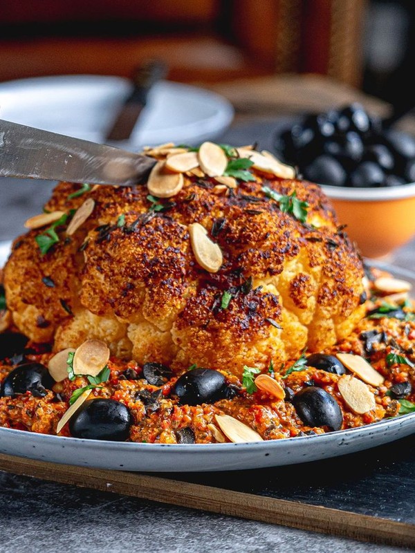 Roast Spice Cauliflower With Romesco & Olives