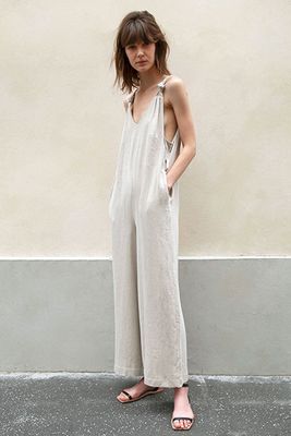 Greige Belted Jumpsuit with Knotted Straps