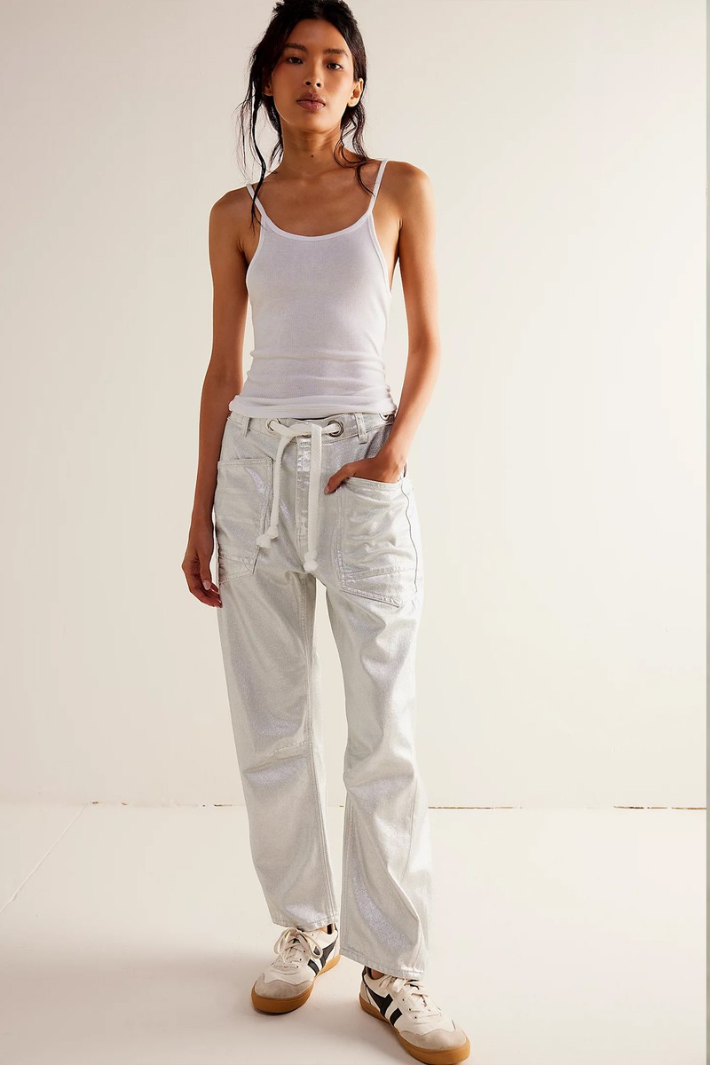 Moxie Metallic Low-Slung Barrel Jeans from We The Free  By Free People