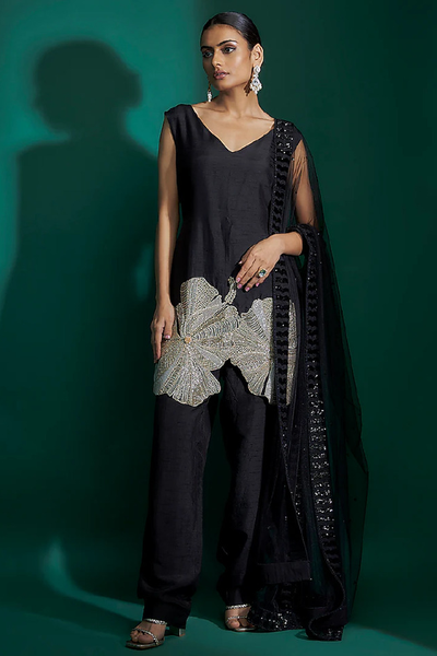 Black Natural Crepe Cutwork Hand Embroidered Kurta Set from Ashutosh Joshi