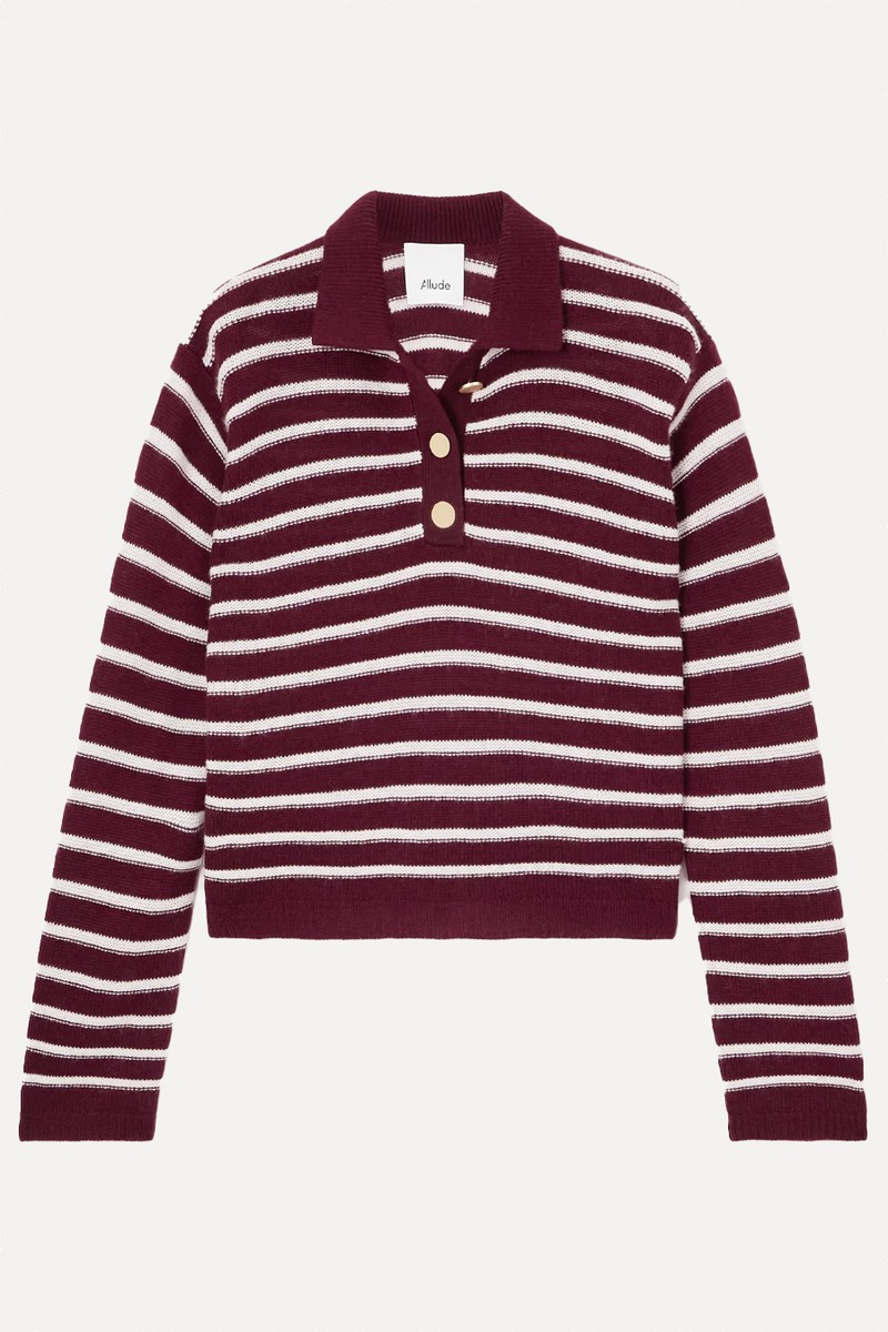 Striped Button-Placket Polo Top from Allude 