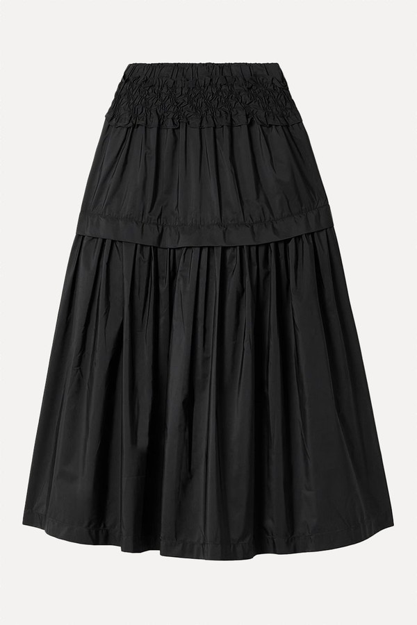 Belen Tiered Smocked Taffeta Midi Skirt from Sea