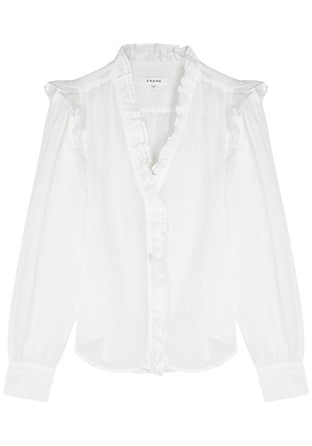 Lauren White Ruffle-Trimmed Ramie Blouse from Frame