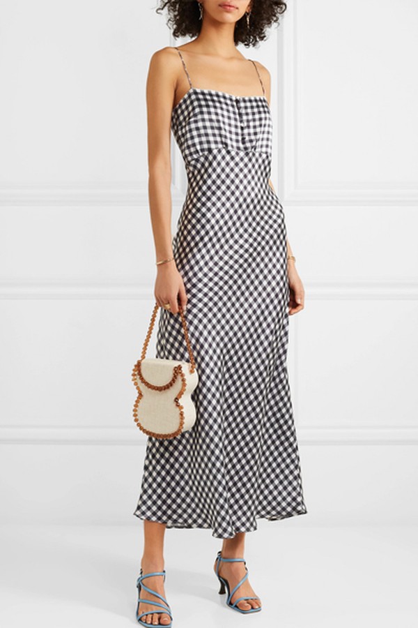 Florence Gingham Silk-Satin Midi Dress Black & White