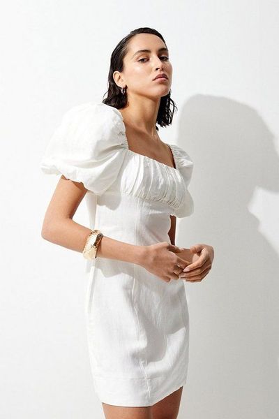 Linen Viscose Puff Sleeve Mini Sundress