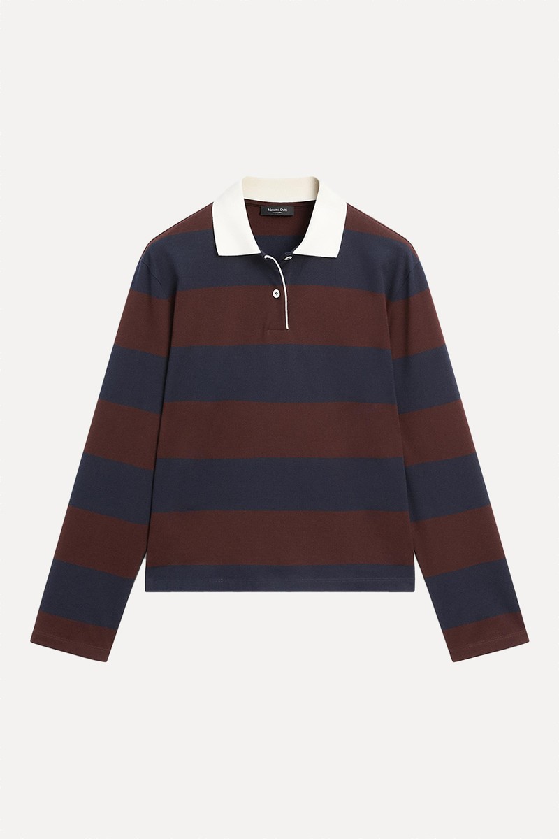Striped Long Sleeve Cotton Polo Shirt