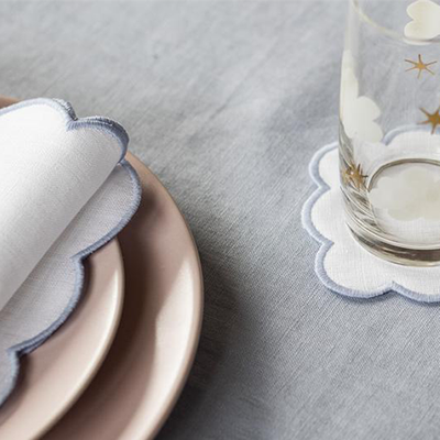 White Linen Coasters With Scalloped Edge